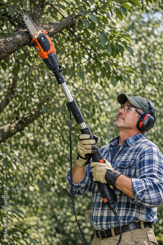 A man in a plaid shirt and safety gear working on trimming a tree branch with an electric chainsaw.