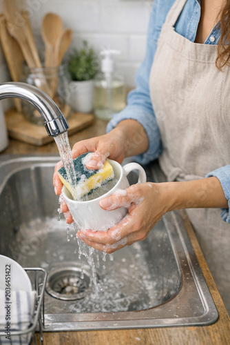 An individual is cleaning a white mug under the faucet of a kitchen sink, surrounded by various utensils and items typically found in such a setting.