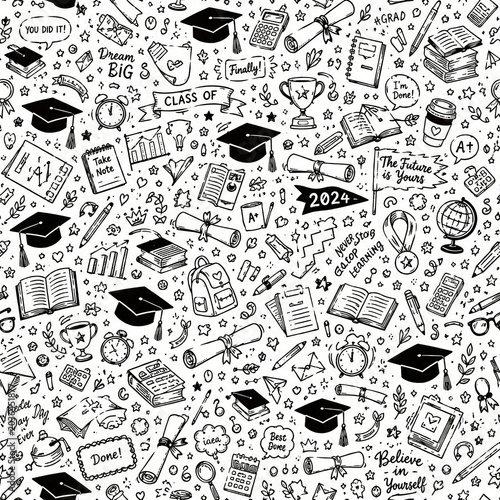 Graduation Doodle Seamless Pattern with Hand Drawn Education Elements