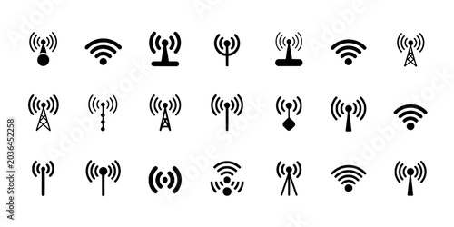 Signal Icons Wireless Communication Set with Wifi, Broadcast Waves, Antenna, and Connection Indicators on White Background