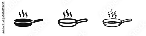 Bild auf Leinwand Hot frying pan icon set with steam in solid, line art, and hand-drawn styles for