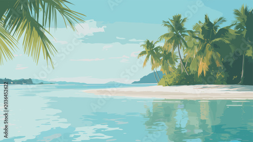 Photos A serene tropical island paradise with crystal-clear turquoise waters, white sandy beaches, and lush green palm trees under a bright blue sky with fluffy clouds