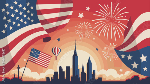 Vibrant illustration of the New York City skyline with American flags and fireworks celebrating Independence Day.