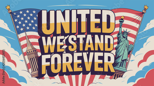 Cuadro en lienzo United We Stand Forever: A patriotic illustration featuring the Statue of Liberty and Empire State Building against a backdrop of American flags and a vibrant sky