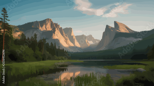 Quadro em tela Serene Yosemite Valley Landscape at Sunrise with El Capitan and Half Dome illuminated by golden light reflecting in the calm water