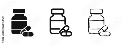 Cuadro en lienzo Medicine pill bottle icon set with capsules in solid, outline, and hand-drawn st