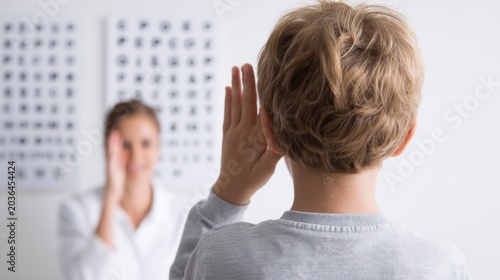 Child covers one eye while focusing on symbol chart during vision test with nurse in room