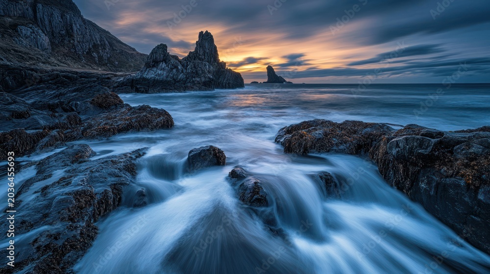 Fototapeta premium Dramatic coastal sunrise over rocky shore. Ocean waves cascading over rocks. Misty atmosphere