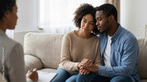 African american couple sitting on couch during therapy session with psychologist. Woman and man holding hands while receiving emotional support. Counseling for relationship problem concept.