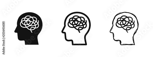 Bild auf Leinwand Mental confusion and stress icon set, human head with tangled brain in solid, outline, and hand-drawn styles