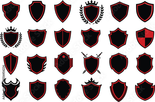 Set of various shield icons, heraldic elements, and emblem templates for logo design