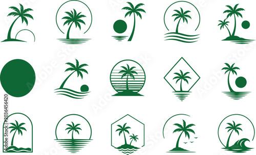 Set of palm tree logo icons, tropical beach emblems, summer vacation vector design
