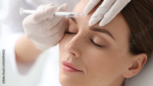Macro shot of artisanal cosmetics applied to a client's forehead in a treatment room