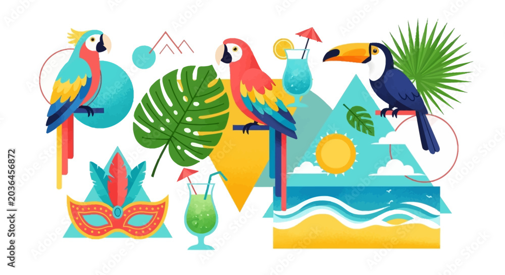 Fototapeta premium Vibrant illustration featuring tropical birds, a carnival mask, exotic leaves, and beach elements, evoking a festive and summery atmosphere.