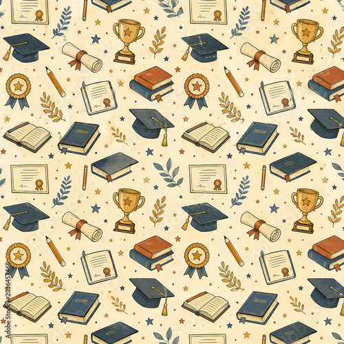 Vintage Academic Achievement Seamless Pattern with Books and Awards