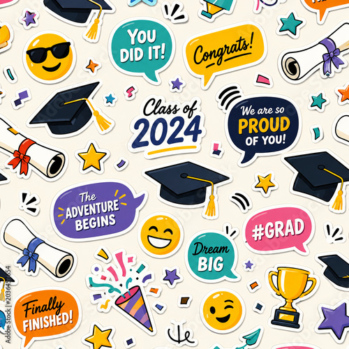 Graduation Celebration Sticker Seamless Pattern with Motivational Quotes and Icons
