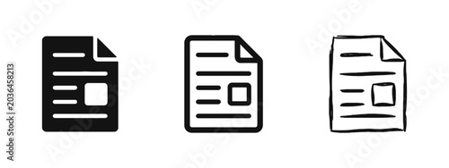 Foto Document file icon set representing news or report in flat, line and hand drawn
