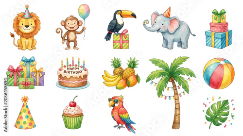 Photography Cute jungle animal celebration set with balloons, gifts and tropical flowers
