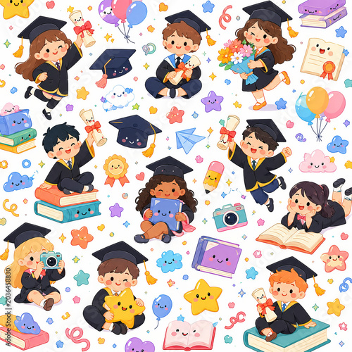 Cute Kids Graduation Cartoon Seamless Pattern with Happy Students