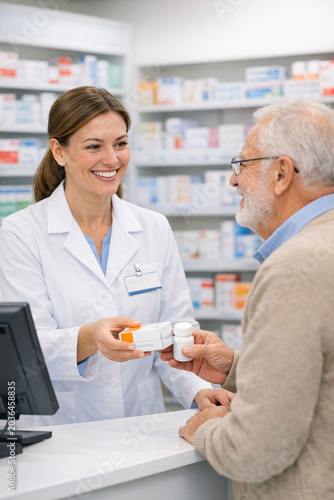 In the image, a compassionate pharmacist is assisting an elderly man in need of medication by handing over a bottle of pills. The scene takes place at a pharmacy counter.