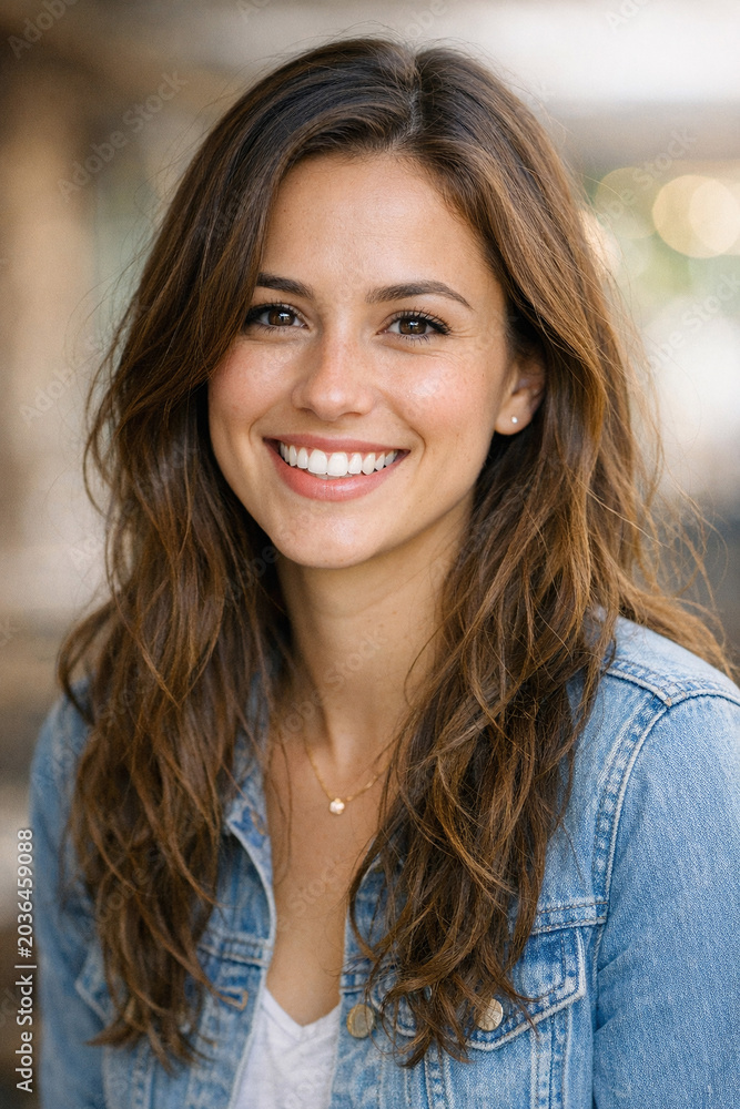 Naklejka premium A cheerful woman with long hair wearing a blue denim jacket and smiling at the camera.