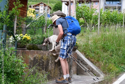 Mann hilft seinen Lagotto Romagnolo Hund beim trinken von einem Brunnen