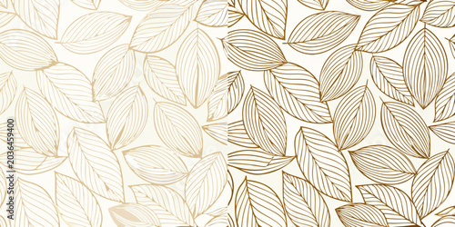 Billede på lærred A seamless pattern of stylized elongated leaves in a golden toned line drawing o