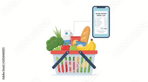 Online grocery shopping basket with phone, digital receipt, and fresh food items