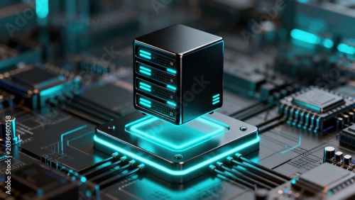 Futuristic digital server hardware concept with glowing AI computing infrastructure and advanced data storage technology, idea for enterprise systems
