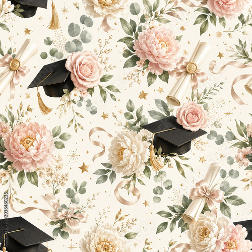 Elegant Floral Graduation Seamless Pattern with Roses and Diplomas