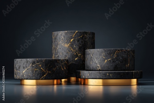 Luxury Black Marble Pedestals with Gold Accents on Dark Background.