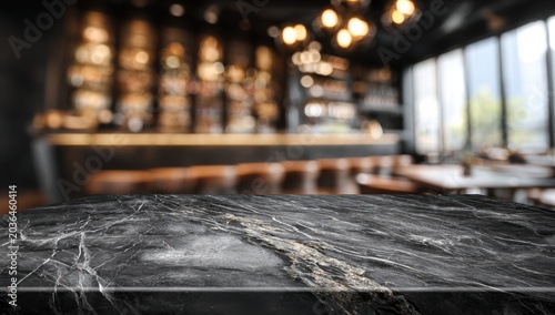 Empty Marble Table in a Cozy Coffee Shop with Blurred Background.