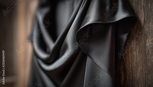 Elegant Black Silk Fabric Draped Artfully Against a Textured Wooden Background.