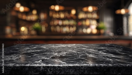Empty Marble Bar Countertop with Blurred Restaurant Background.
