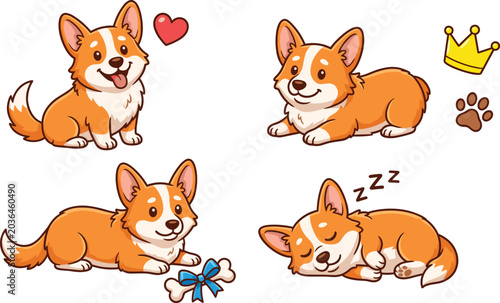 Cute corgi puppy cartoon characters set, funny domestic dog activities vector illustration isolated on white background