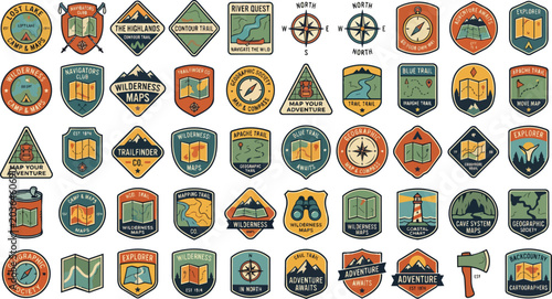 A diverse assembly of retro outdoor adventure badges and travel emblems designed for exploration themed branding and wilderness journey projects These vintage style insignia are perfect for