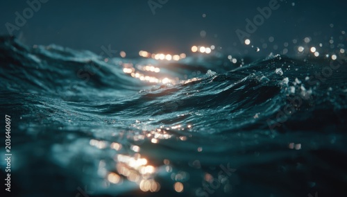 Dark Ocean Waves Reflecting City Lights at Night.