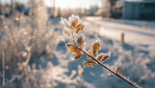 Close-up of Frost-Covered Plant Branch in Soft Morning Sunlight.