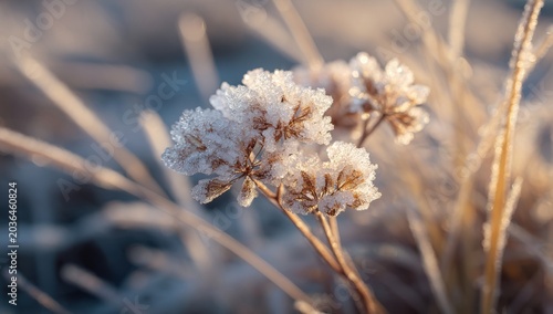 Delicate Frost Covered Wildflower Blooms in Soft Morning Light.