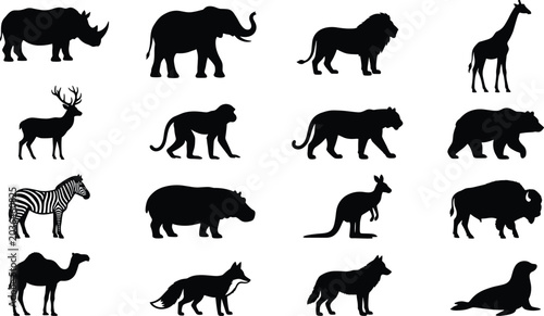 Photography Wild animals silhouettes set, African safari and forest mammal icons vector illu