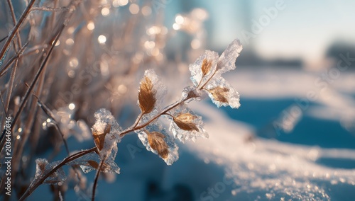 Delicate Frost Covered Twig with Bokeh Lights in Winter.