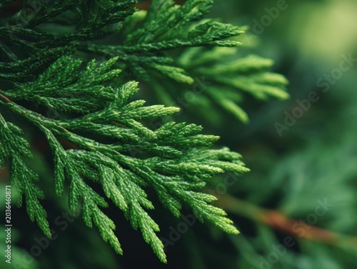 Close-up of a vibrant green cedar tree branch with delicate needles.