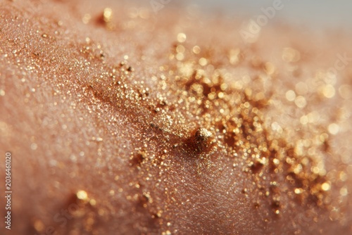 Close-up Macro Shot of Golden Glitter Particles on Skin.
