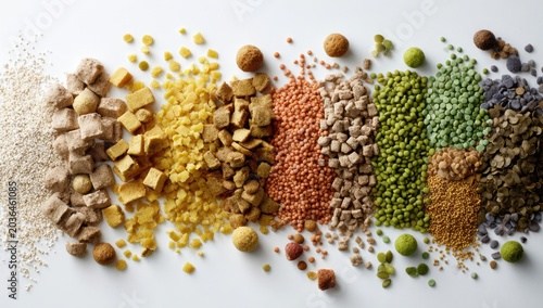 Assortment of Grains Legumes and Seeds Arranged in Rows.