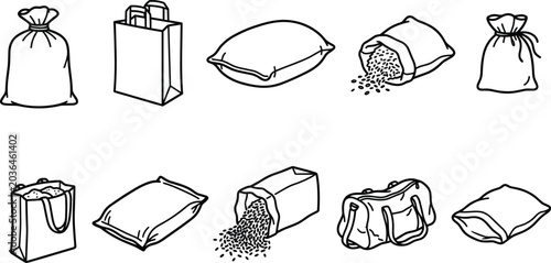 Foto Set of bag and sack icons, paper shopping bags, flour sacks, grain bags, and duffel bag, black outline vector illustration