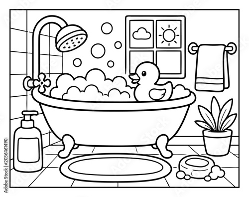 Bild auf Leinwand Bathtub coloring page for kids featuring a cute rubber duck and bubbles in a bat