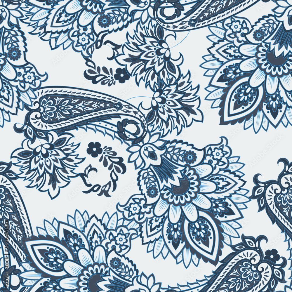Fototapeta premium Elegant Vector Seamless Pattern with Ornamental Paisley and Flowers