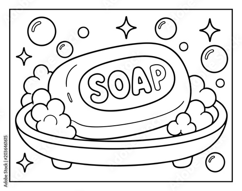 Foto Soap bar with bubbles in a ceramic dish coloring page for kids black and white o