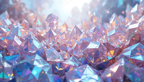 Iridescent crystals, faceted gemstones in shades of pink, blue, and purple, sparkling with light