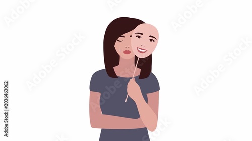 The woman cries, suffers and covers her face with a mask with a smile. Hiding your true feelings .